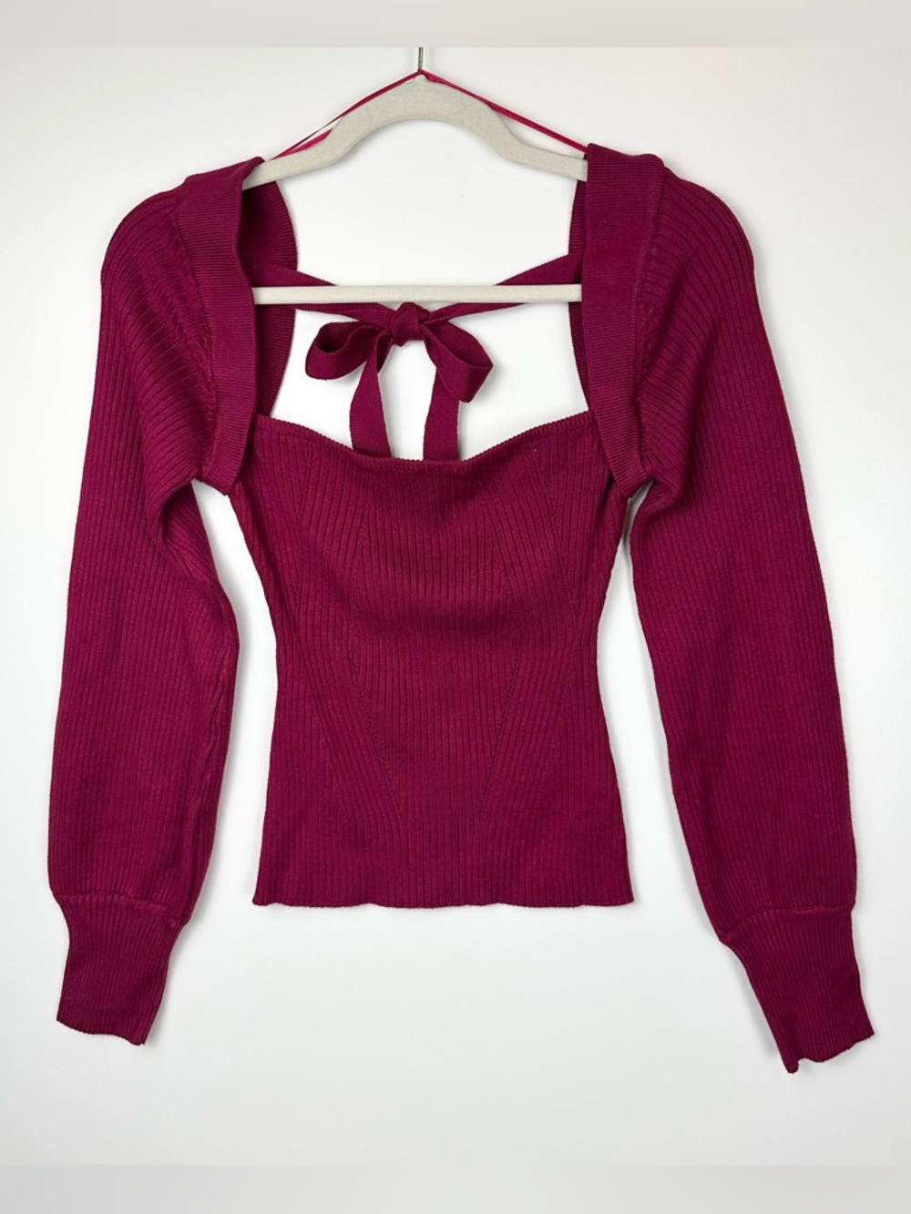 Lush Ribbed Fitted Sweater Square Neckline Tie Back Berry